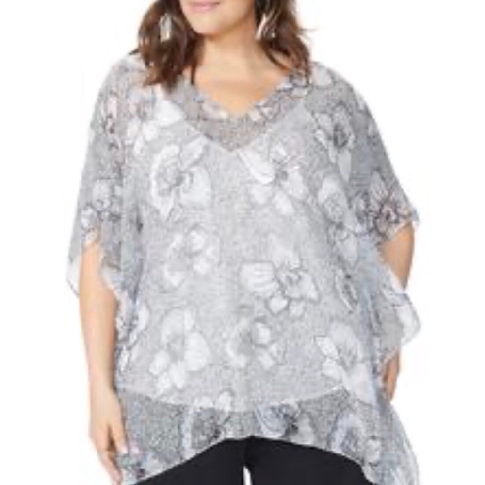 NYDJ Asymmetrical Hem Tunic Sheer Overlay V Neck